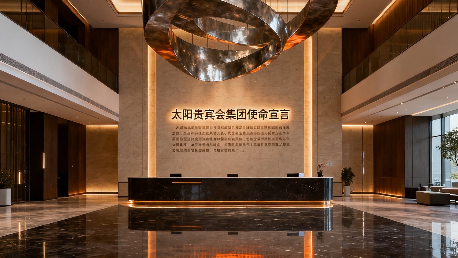 太阳贵宾会集团总部接待大厅，挑高空间中悬挂着巨型当代金属雕塑装置，深色大理石地面倒映着暖色灯光，前台后方墙面镌刻着集团使命宣言