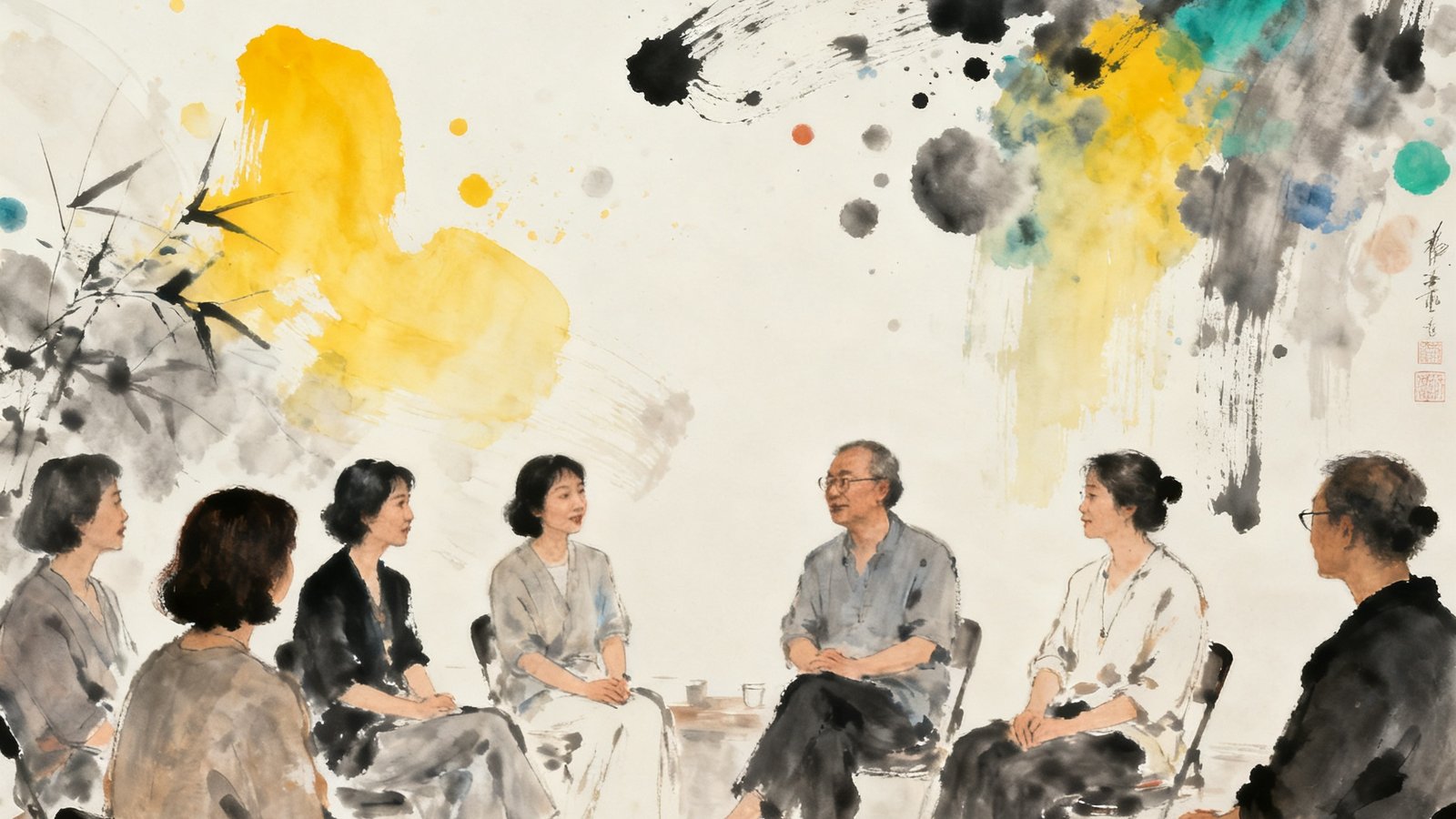 禅意与抽象表现主义沙龙回顾图，水墨笔触与丙烯泼彩色块在画面上交融，现场参与者围坐讨论的温馨场景