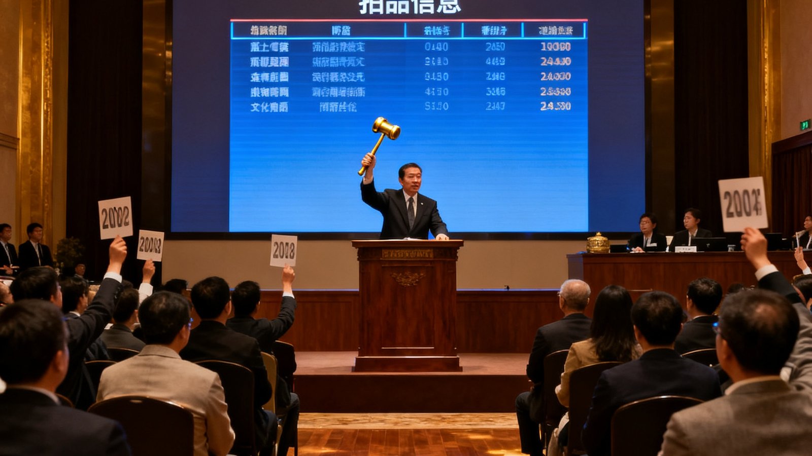 国际艺术品拍卖前瞻场景，华丽的拍卖厅内巨大的电子屏幕显示拍品信息，拍卖师高举金色木槌，台下藏家举牌竞价的紧张时刻