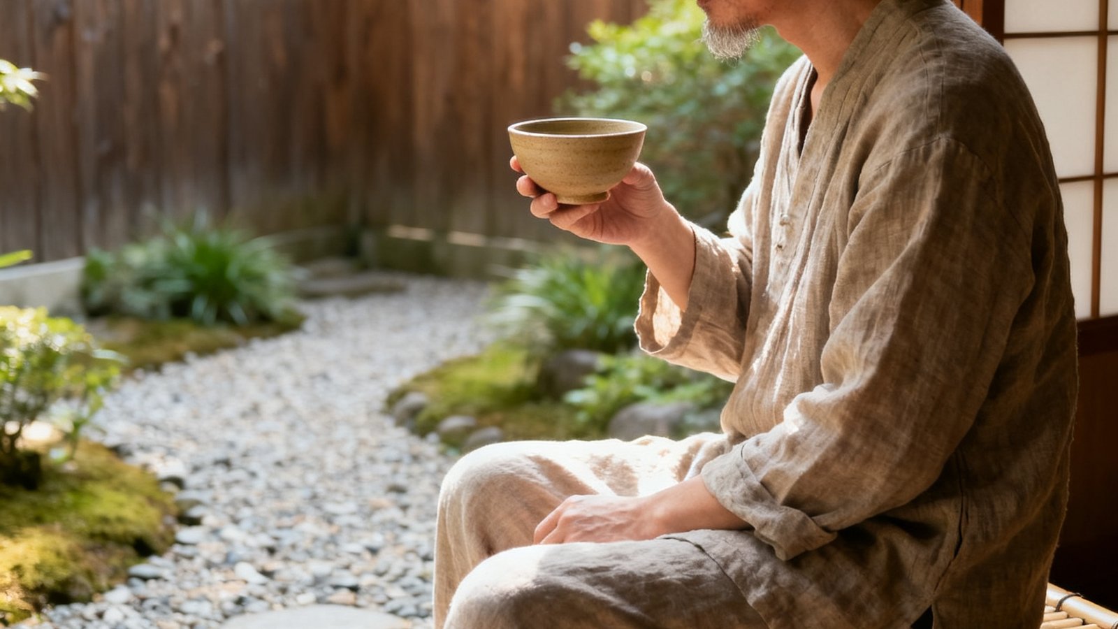 美学沙龙主理人陆羽平先生，四十余岁，身着亚麻素衣，在日式庭院中手捧茶碗，气质沉静从容